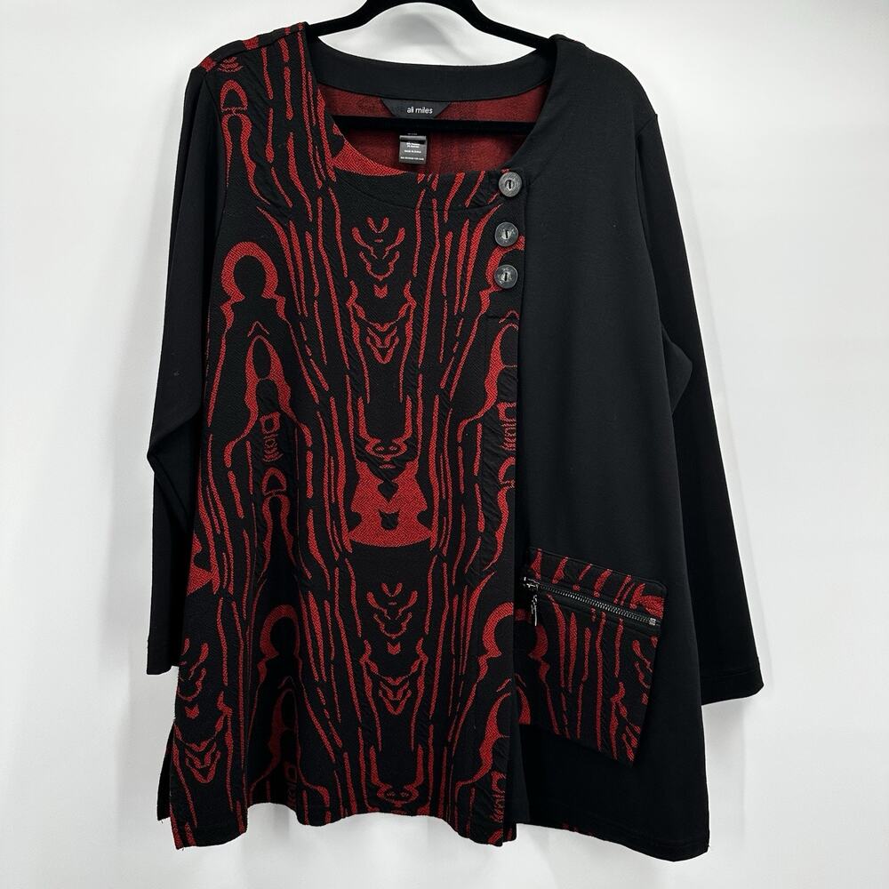 Ali Miles Shirt Tunic Top Womens 1X Red Textured Art Pocket Boxy